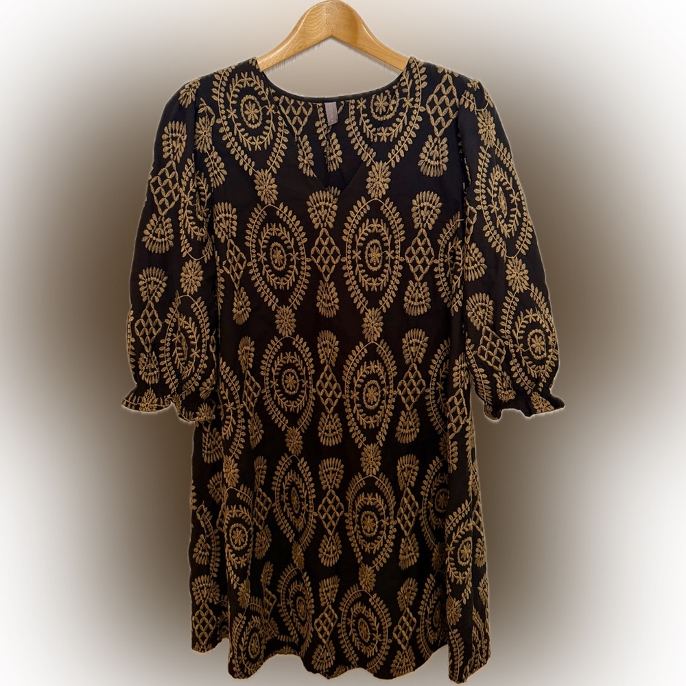 Embroidered Black Dress with Gold Pattern